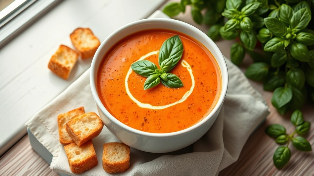 hero: creamy tomato bisque soup in white bowl with fresh basil garnish and croutons, photorealistic, natural window light, overhead shot, no text
