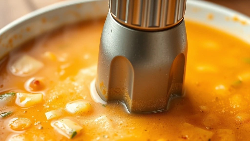 detail: close-up of soup being blended with immersion blender, photorealistic, natural light, macro photography showing texture and steam, no text