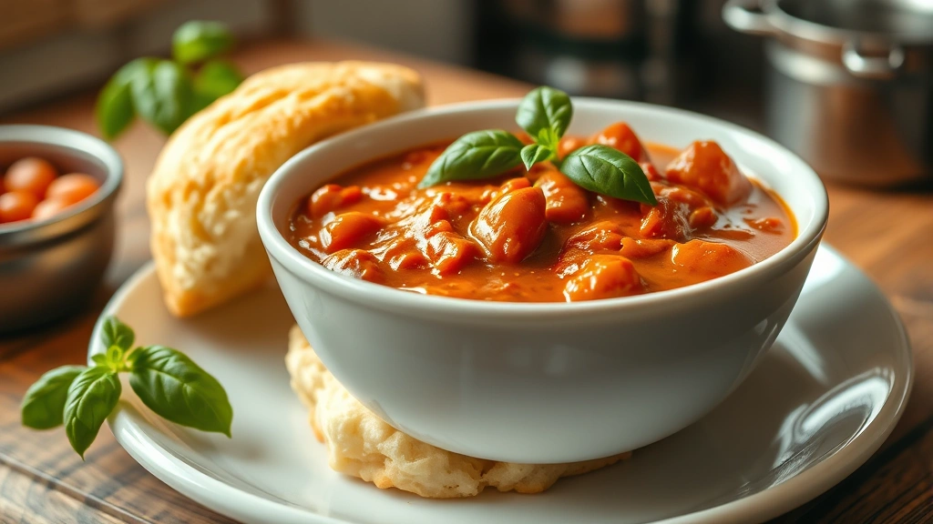 hero: creamy tomato gravy in white bowl over fluffy buttermilk biscuits, fresh basil garnish, warm golden lighting, rustic kitchen table setting, no text