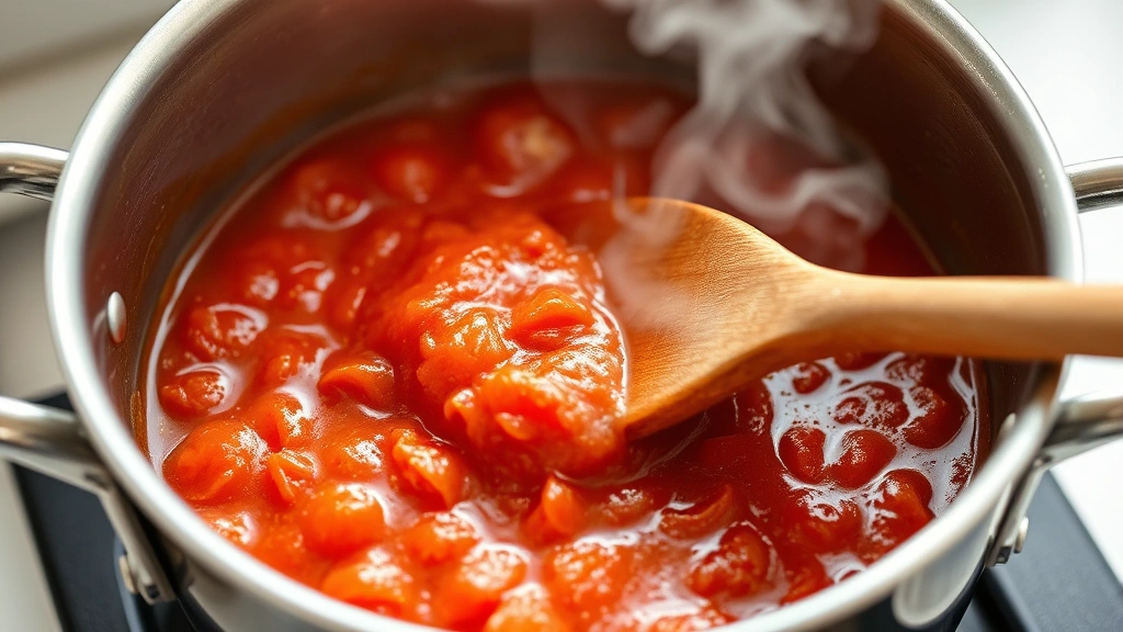 process: simmering tomato sauce bubbling gently in stainless steel saucepan with wooden spoon, steam rising, close-up view, natural daylight, no text