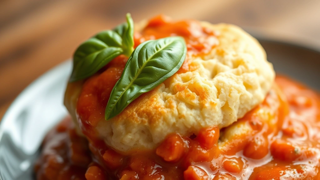 detail: close-up cross-section of biscuit covered in silky tomato gravy, fresh basil leaf on top, shallow depth of field, warm natural light, no text