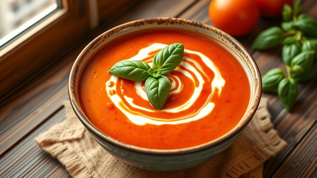 hero: bowl of creamy tomato soup with fresh basil leaf and swirl of cream on top, photorealistic, natural window light, rustic wooden table background, no text