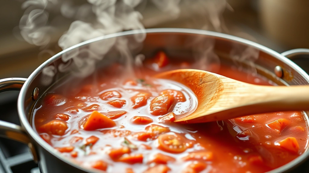 process: simmering pot of fresh tomato soup with visible tomato pieces and steam, photorealistic, natural kitchen light, wooden spoon stirring, no text