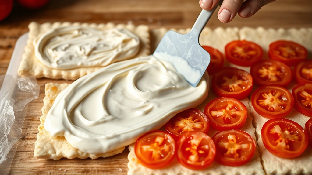 process: spreading cream mixture on puff pastry with spatula, tomato slices arranged in rows, photorealistic, natural kitchen light, no text