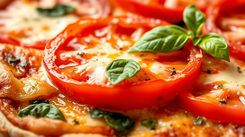 detail: close-up of sliced tomato tart showing layers, melted cheese, fresh basil, and flaky pastry edge, photorealistic, natural light, no text
