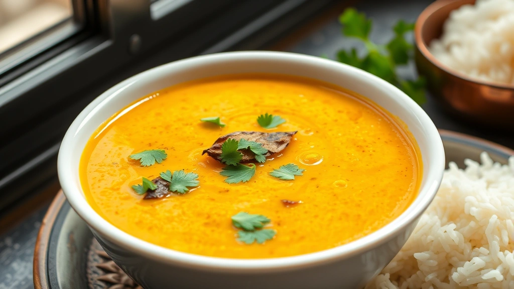 hero: golden creamy toor dal in a white bowl garnished with fresh cilantro and fried curry leaves, tempering oil glistening on top, served with steamed rice in background, natural daylight window lighting, no text