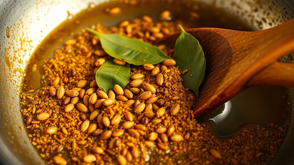 process: close-up of tempering spices sizzling in hot ghee with mustard seeds popping and curry leaves, wooden spoon stirring, warm kitchen lighting, no text