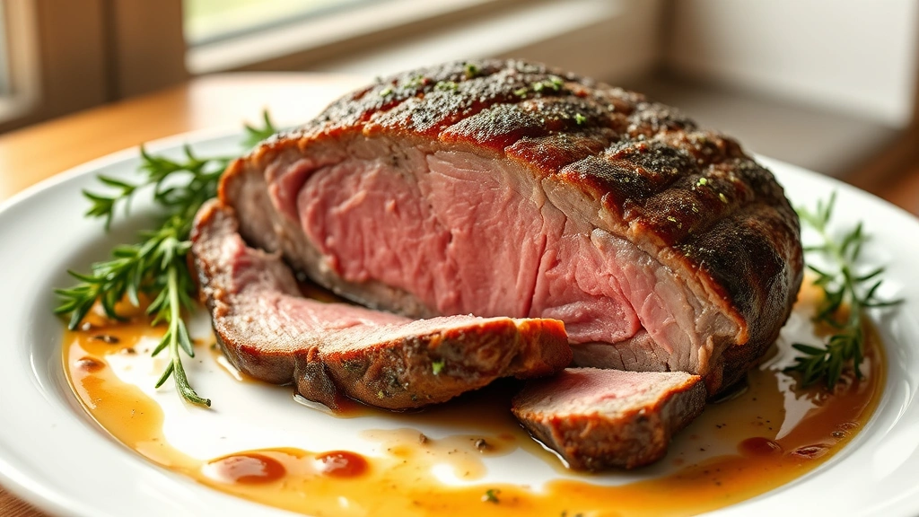hero: perfectly seared top round roast sliced on white platter, pink medium-rare center visible, fresh herbs and pan juices drizzled over, warm natural window light, no text