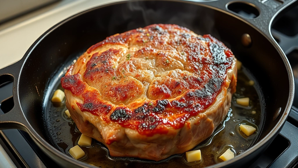 process: searing top round roast in cast iron skillet with golden crust forming, butter and garlic visible, steam rising, professional kitchen lighting, no text