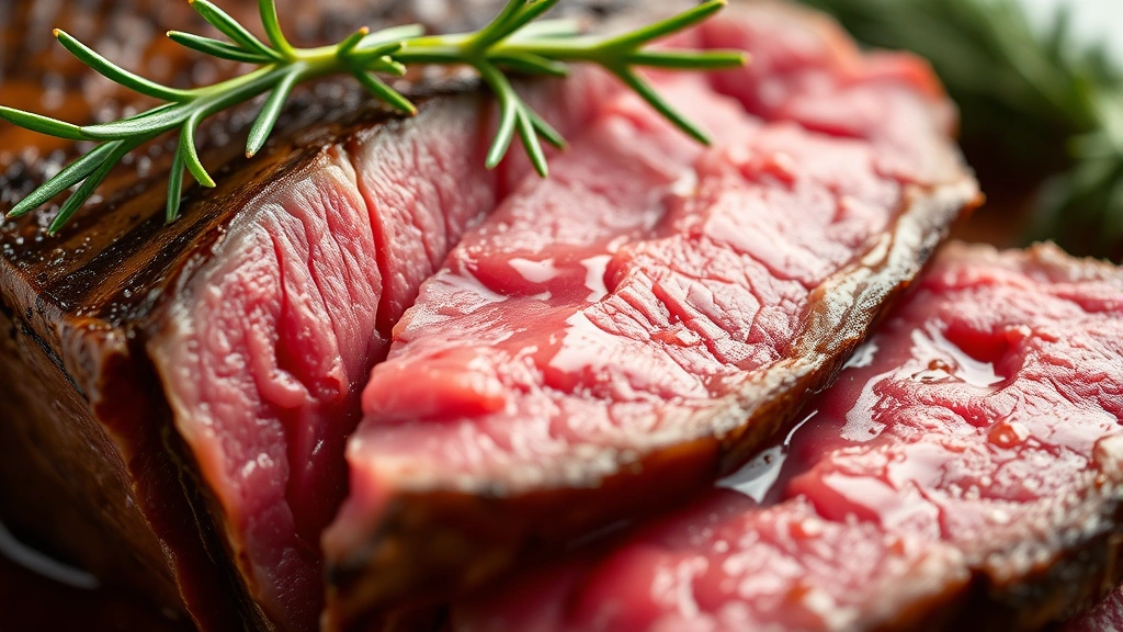 detail: close-up cross-section of sliced top round showing beautiful medium-rare pink center, glistening with juices, fresh rosemary garnish, shallow depth of field, natural light, no text