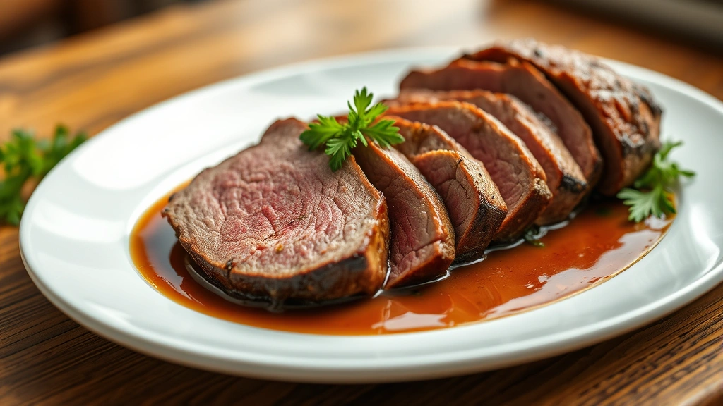 hero: perfectly sliced top round roast with rich pan sauce and fresh herb garnish on white plate, photorealistic, natural window light, shallow depth of field, no text, professional food photography