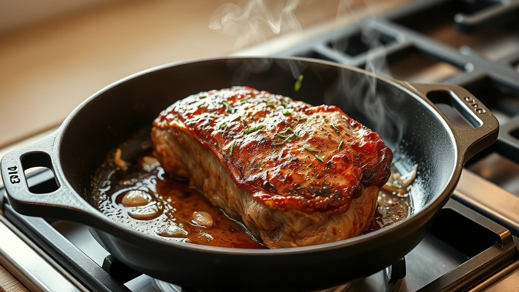 process: cast iron skillet with roast being seared on stovetop, golden brown crust forming, garlic and herbs visible, steam rising, photorealistic, warm kitchen lighting, no text