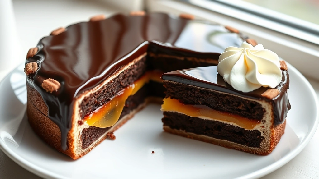 hero: finished Sachertorte with glossy dark chocolate glaze, slice removed showing layers of chocolate cake and apricot jam, whipped cream on side, photorealistic, natural window light, no text, elegant presentation on white plate