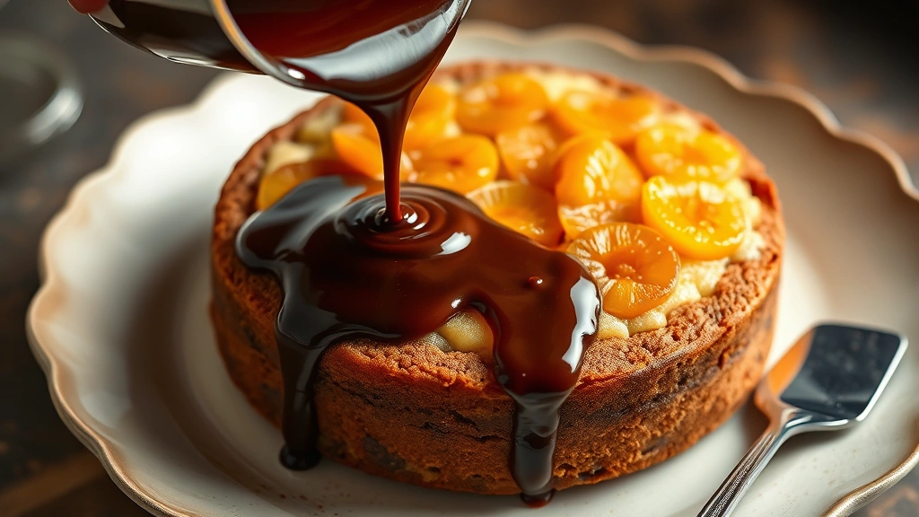 process: pouring chocolate glaze over apricot-covered cake, glaze flowing smoothly, offset spatula nearby, photorealistic, warm studio lighting, no text, action shot