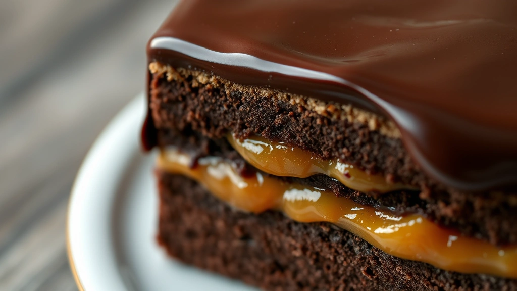 detail: close-up cross-section of Sachertorte showing layers - chocolate cake, apricot preserve layer, and glossy chocolate coating, photorealistic, natural light, sharp focus, no text