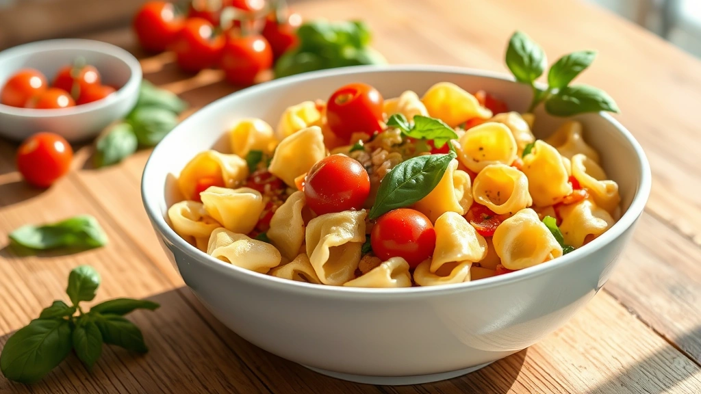 hero: colorful tortellini pasta salad in white ceramic serving bowl, cherry tomatoes and fresh basil visible, natural sunlight streaming across wooden table, vibrant reds and greens, photorealistic, appetizing, no text or watermarks