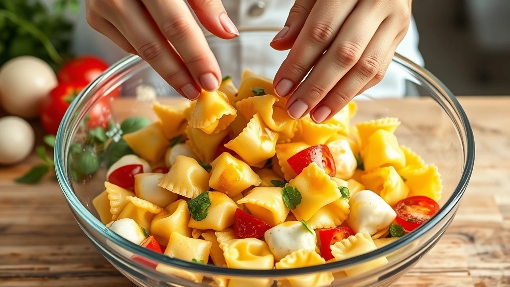 process: hands tossing tortellini with dressing in large glass mixing bowl, fresh vegetables and mozzarella balls visible, golden Italian dressing coating pasta, natural kitchen lighting, photorealistic, no text