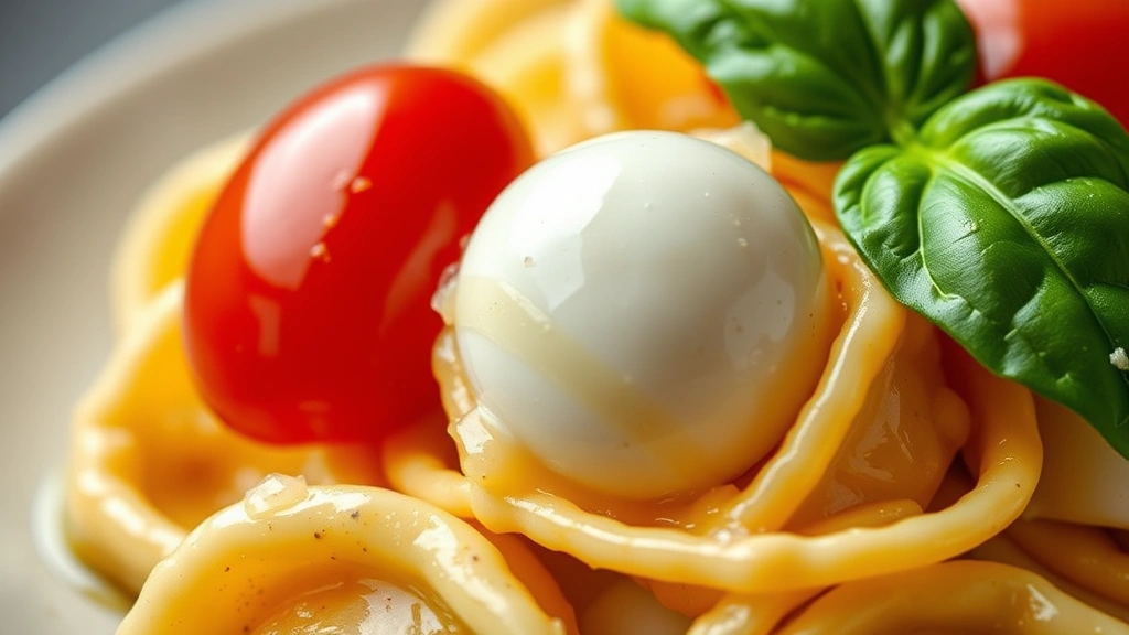 detail: close-up of individual tortellini with fresh mozzarella ball, cherry tomato, and basil leaf, dressing glistening, shallow depth of field, natural light, photorealistic, appetizing, no text