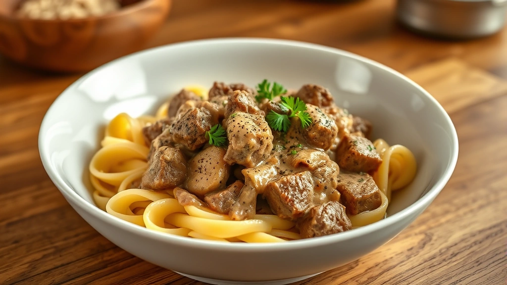 hero: Traditional beef stroganoff served over egg noodles in a white bowl, garnished with fresh parsley and cracked black pepper, creamy sauce visible, warm kitchen lighting, wooden table surface, photorealistic, natural light, no text