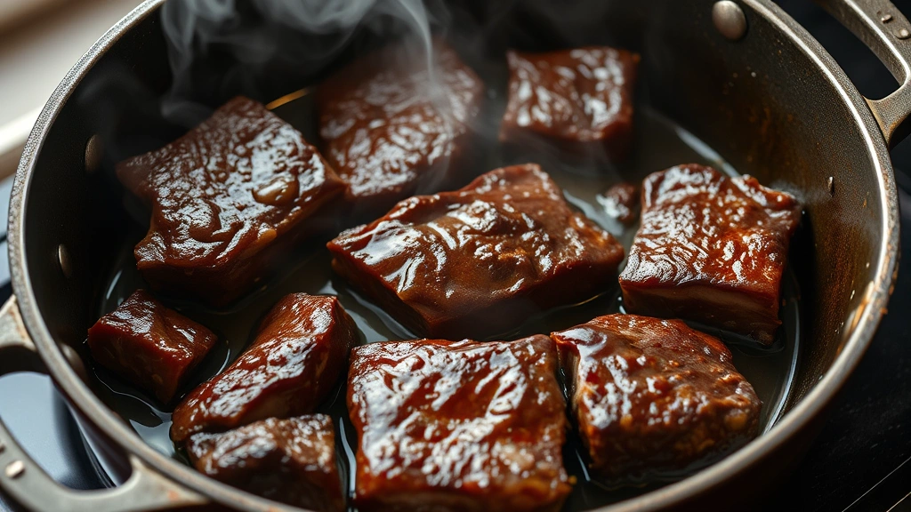 process: Beef pieces being seared in a Dutch oven until deeply browned and caramelized, steam rising, butter glistening, photorealistic, natural light, no text