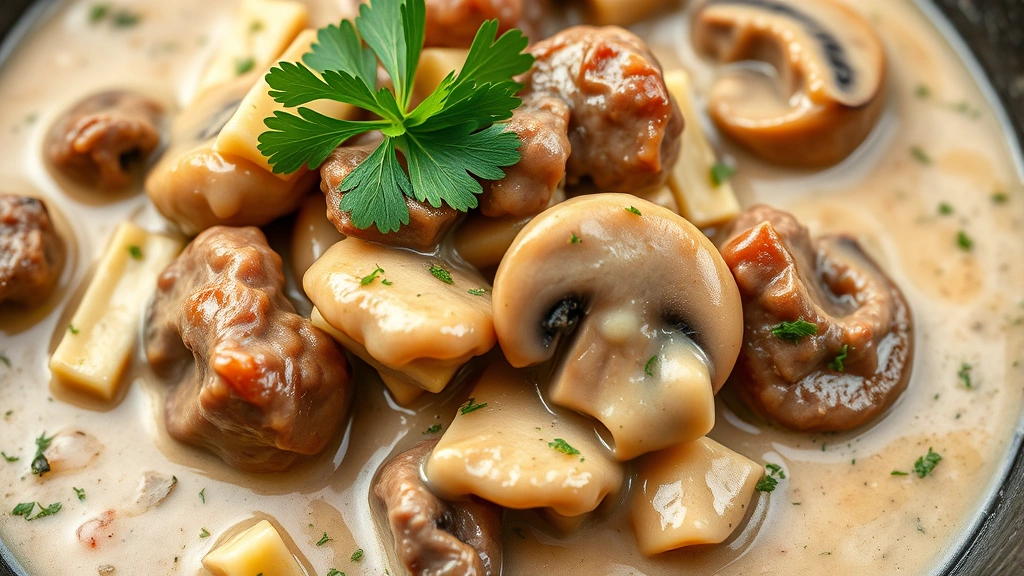 detail: Close-up of creamy beef stroganoff with tender beef chunks and mushroom slices, rich sauce coating everything, fresh parsley garnish on top, photorealistic, natural light, no text