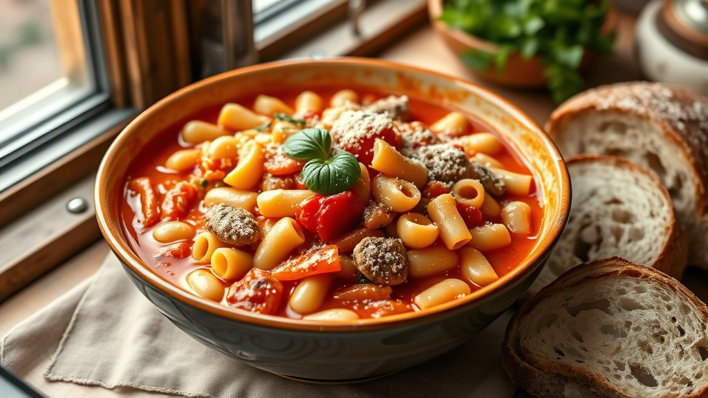 hero: Bowl of steaming pasta fagioli with white beans, ditalini pasta, rich tomato broth, fresh basil garnish, grated Parmigiano-Reggiano cheese, crusty bread beside, natural window light, rustic Italian table setting, photorealistic, no text