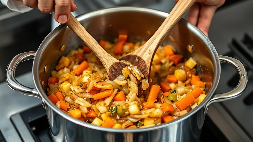 process: Chef stirring soffritto of onions carrots celery in large pot, golden caramelized vegetables, stainless steel pot, wooden spoon, bright kitchen lighting, mid-cooking stage, photorealistic, no text