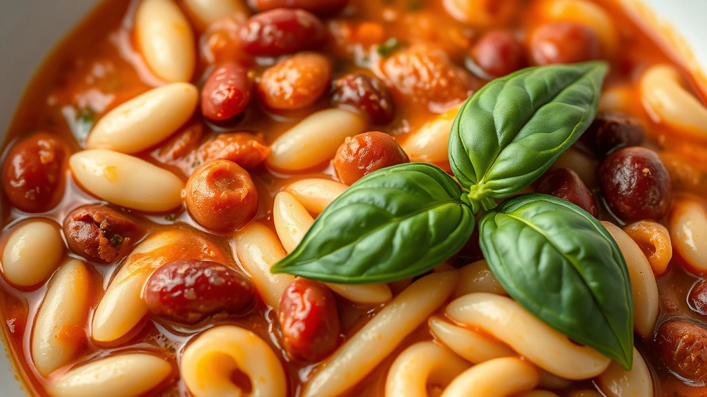 detail: Close-up of finished pasta fagioli showing white cannellini beans, red kidney beans, small ditalini pasta, rich tomato broth, fresh basil leaf, olive oil drizzle, creamy texture, shallow depth of field, photorealistic, no text