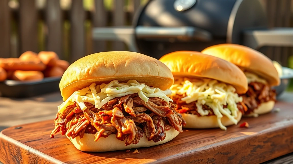 hero: golden-brown smoked pulled pork on soft buns with coleslaw, Traeger grill in background, afternoon sunlight, rustic wooden table, no text or watermarks