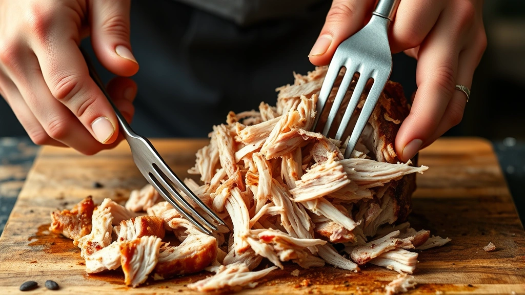 process: hands shredding steaming pork shoulder with two forks, meat falling apart, close-up action shot, natural lighting, no text