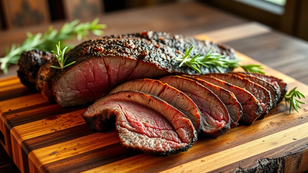 hero: perfectly sliced smoked tri-tip on wooden cutting board, beautiful smoke ring visible, garnished with fresh rosemary and thyme, warm golden hour lighting, rustic farmhouse setting, no text or branding