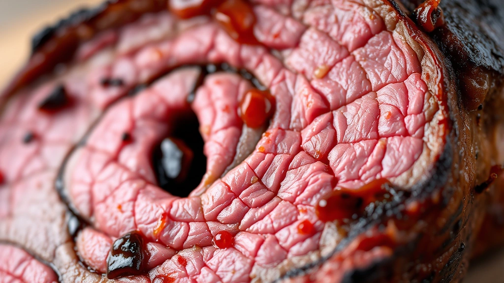 detail: close-up macro shot of sliced tri-tip showing smoke ring, meat texture, and juices, sharp focus on the grain and color contrast, natural daylight, no text