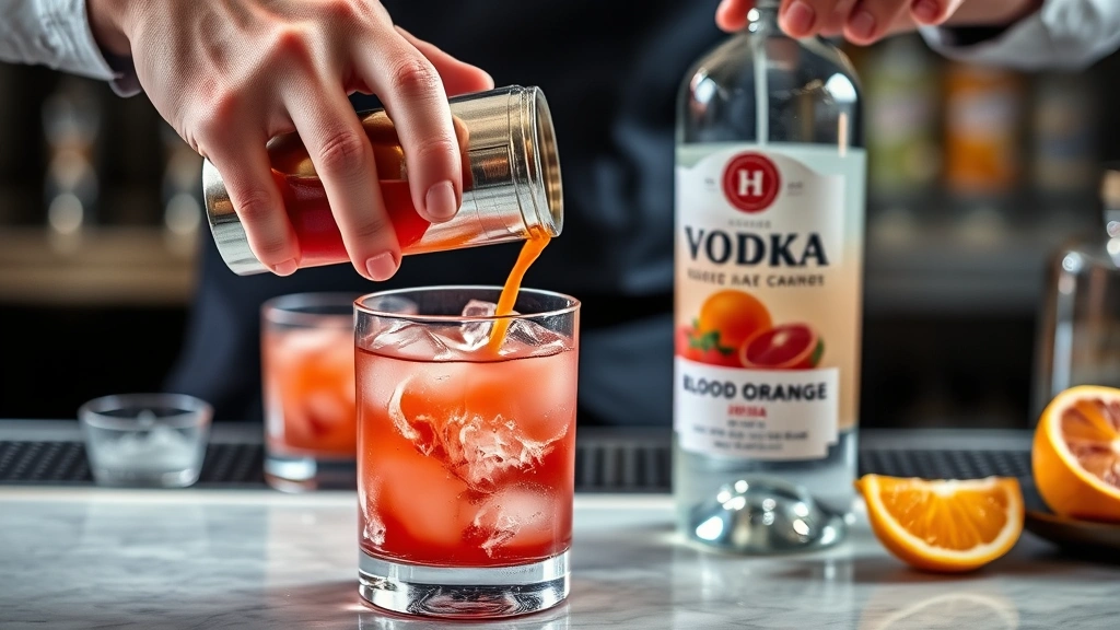 process: hands shaking cocktail shaker with ice, blood orange juice being poured, vodka bottle in background, professional bar setup, photorealistic, natural light, no text