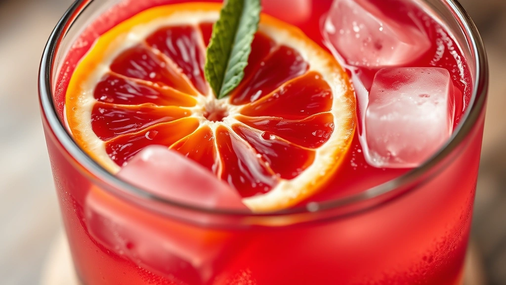 detail: close-up of blood orange wheel garnish floating in crimson cocktail, ice cubes visible, mint leaf detail, droplets of condensation, photorealistic, macro photography, natural light, no text