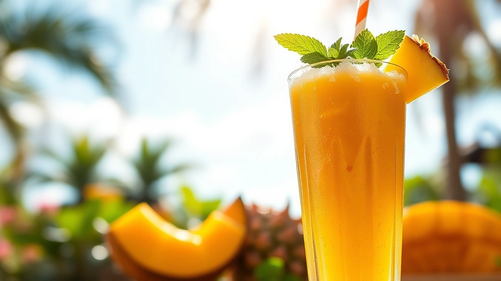 hero: tall glass of vibrant tropical smoothie with pineapple and mango chunks, topped with coconut shavings and fresh mint, condensation on glass, natural sunlight streaming through, colorful tropical setting