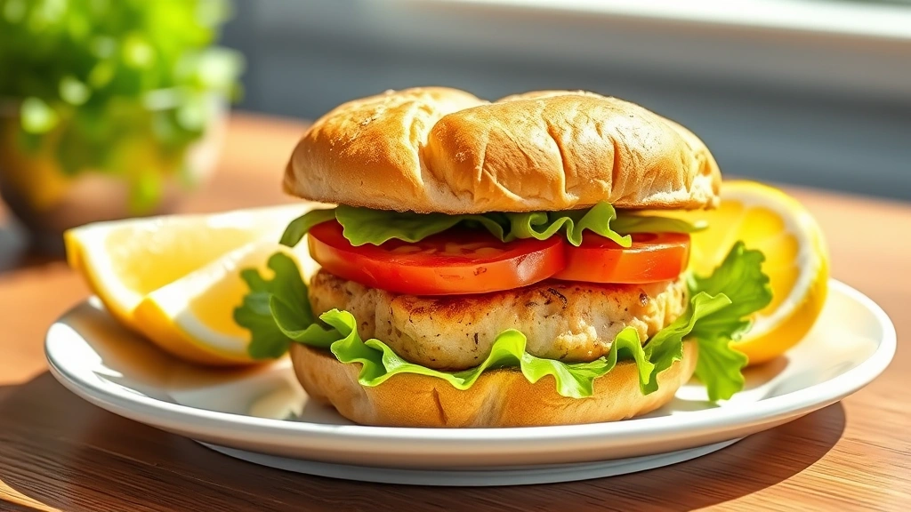 hero: golden-brown tuna burger patty on toasted brioche bun with fresh lettuce and tomato, served on a white plate with lemon wedge, photorealistic, bright natural sunlight, no text, preppy coastal kitchen aesthetic