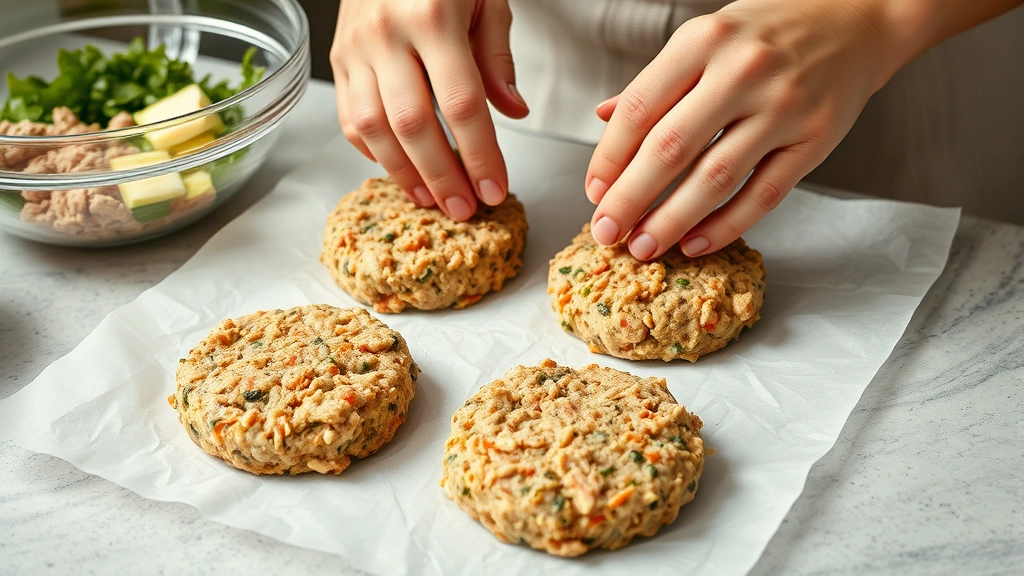 process: hands forming tuna burger mixture into patties on parchment paper, mixing bowl with ingredients visible, photorealistic, natural kitchen light, no text