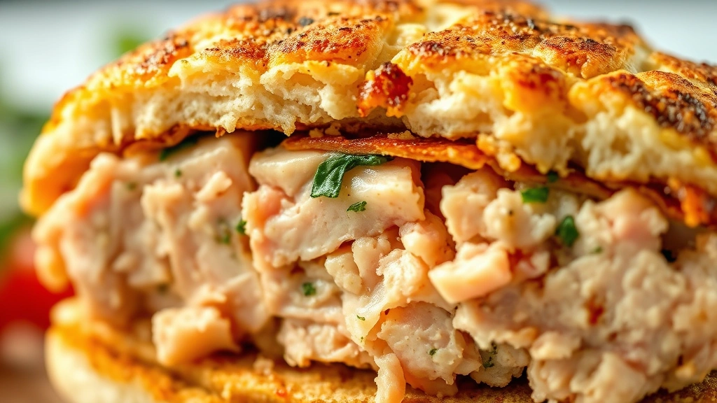 detail: close-up cross-section of cooked tuna burger patty showing flaked tuna texture, golden crust, fresh herbs visible, photorealistic, natural light, no text