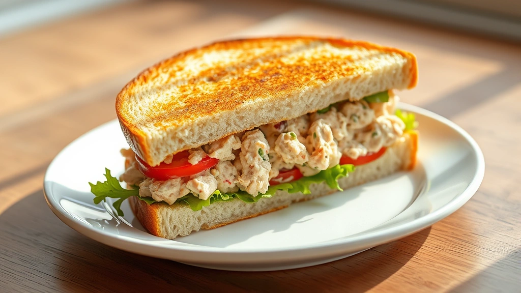hero: golden toasted tuna salad sandwich cut diagonally on white plate with fresh lettuce and tomato visible, crispy bread, natural window light, clean bright styling