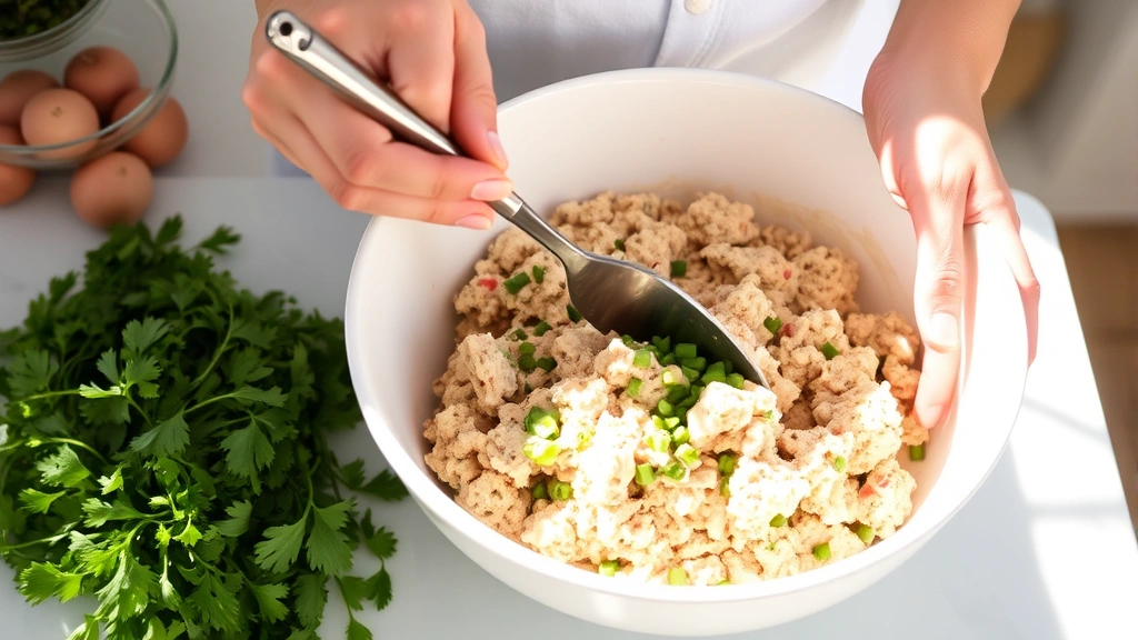 process: hands gently folding tuna mixture in white bowl with spatula, fresh herbs and celery visible, bright kitchen counter, natural daylight