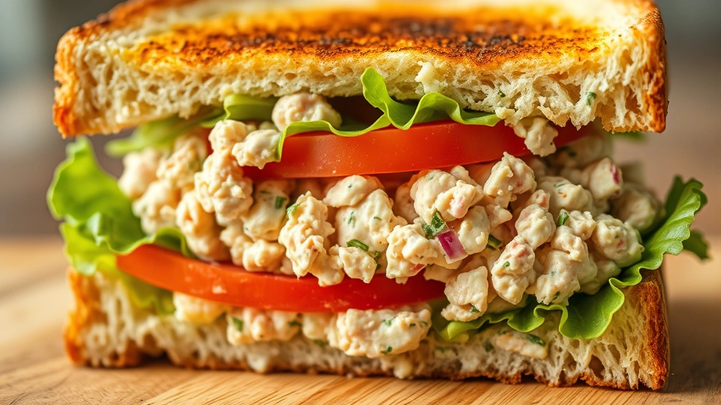 detail: close-up cross-section of assembled tuna salad sandwich showing layers of tuna salad, lettuce, tomato, and toasted bread, macro photography, warm natural light