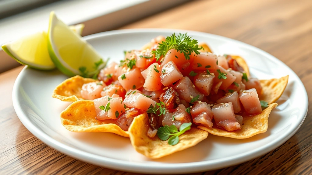 hero: elegantly plated tuna tartare on crispy wonton chips with sesame seeds and microgreens, served on white plate with lime wedges, photorealistic, natural window light, no text