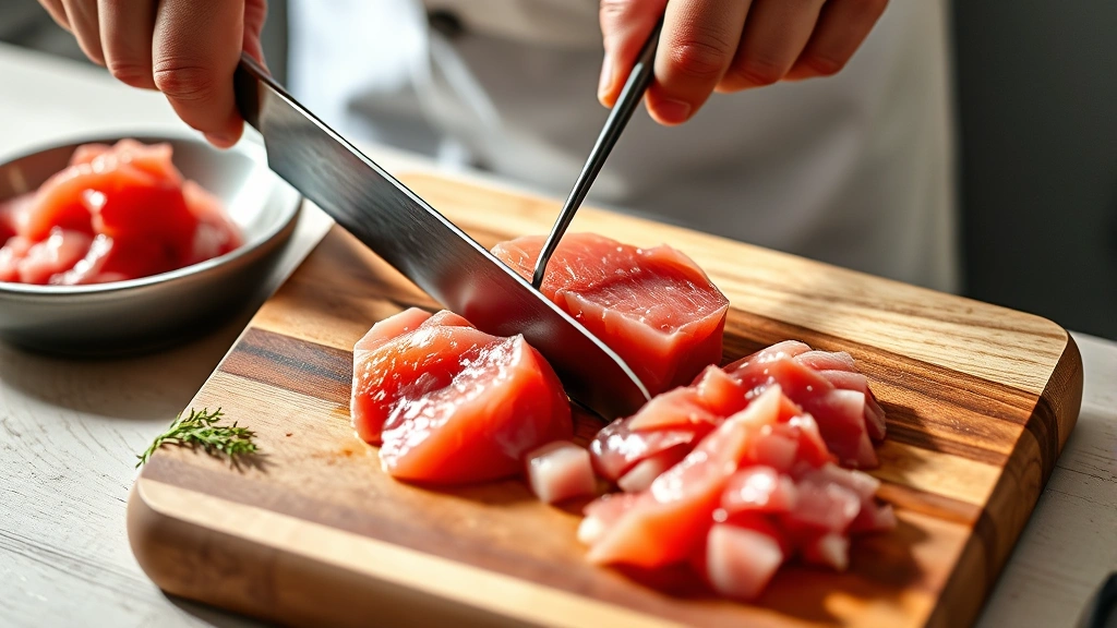 process: chef's hands finely dicing fresh sushi-grade tuna on wooden cutting board with sharp knife, photorealistic, bright natural light, no text