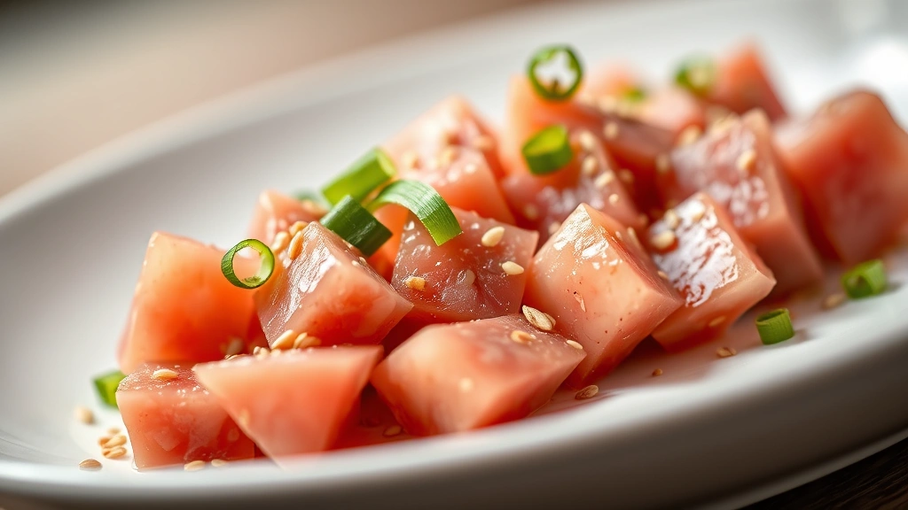 detail: close-up of plated tuna tartare showing individual tuna dice, toasted sesame seeds, and green onion garnish, photorealistic, macro photography with natural light, no text