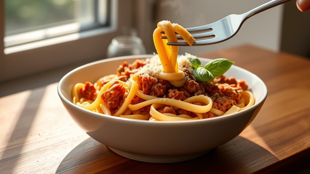 hero: steaming bowl of turkey bolognese over pappardelle pasta, topped with grated Parmesan and fresh basil, warm natural light from window, white ceramic bowl, fork twirling pasta, no text or watermarks