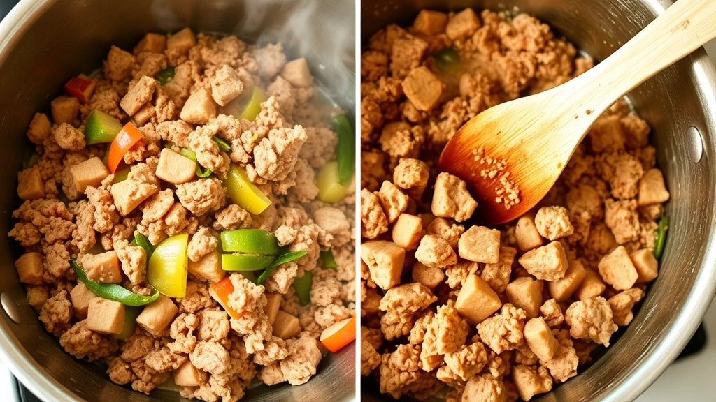 process: browning ground turkey in large pot with soffritto vegetables, wooden spoon breaking apart meat, golden brown color, steam rising, natural kitchen lighting, no text