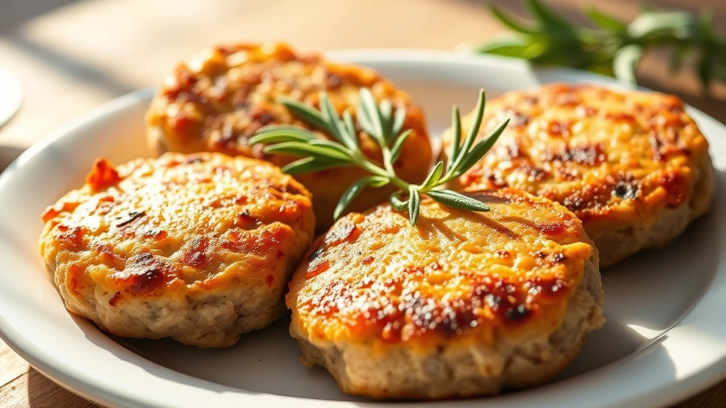 hero: golden-brown turkey breakfast sausage patties on a white plate, garnished with fresh sage sprigs, morning sunlight streaming across, close-up perspective