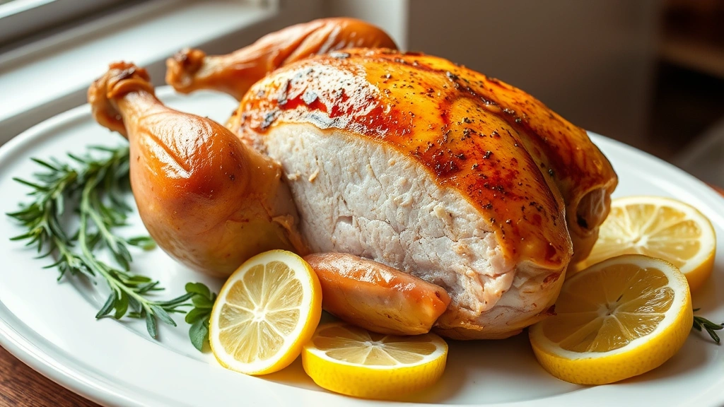 hero: perfectly cooked turkey breast on a white platter with herbs and lemon slices, glistening skin, photorealistic, natural daylight from window, no text