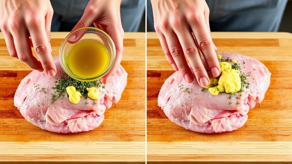 process: hands rubbing herb butter mixture onto raw turkey breast over a cutting board, photorealistic, natural kitchen lighting, no text