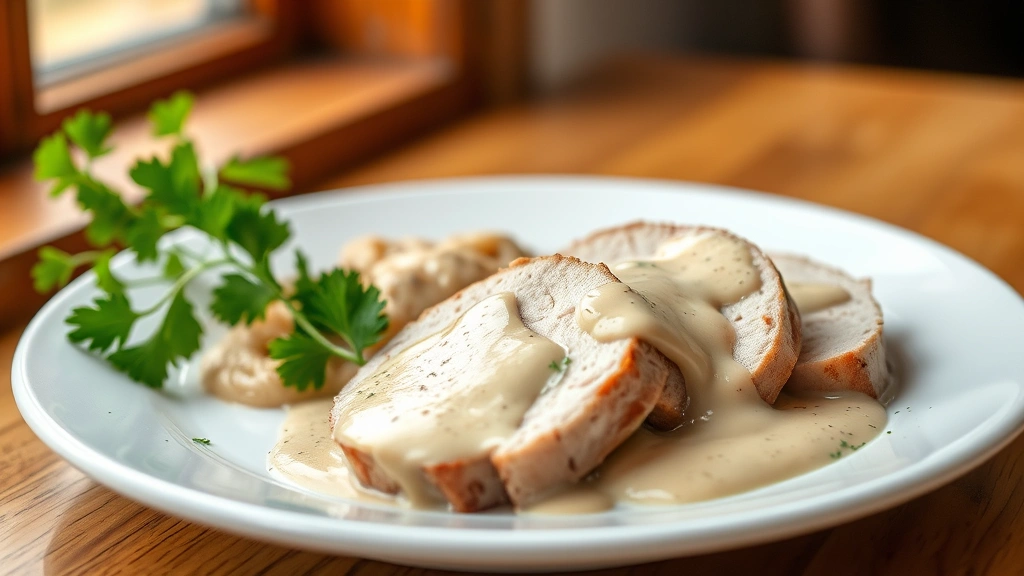 hero: sliced turkey breast tenderloin with creamy onion sauce on a white ceramic plate, garnished with fresh parsley, natural window light, shallow depth of field, elegant plating